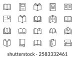 Book line icon set. School, education, various books, literature, dictionary, audiobook, learning, library and e book icons set.