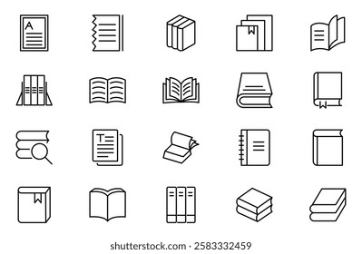 Book line icon set. School, education, various books, literature, dictionary, audiobook, learning, library and e book icons set.