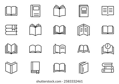 Book line icon set. School, education, various books, literature, dictionary, audiobook, learning, library and e book icons set.