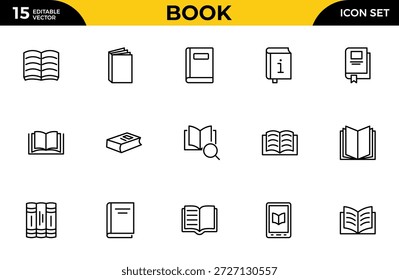 Conjunto de iconos de línea de libro para la escuela y la educación. Diversos libros, literatura, diccionario, aprendizaje y Biblioteca esbozan iconos.