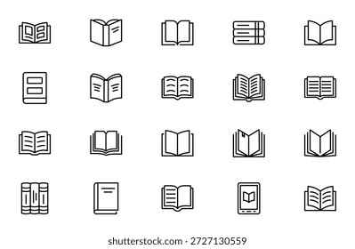 Conjunto de iconos de línea de libro para la escuela y la educación. Diversos libros, literatura, diccionario, aprendizaje y Biblioteca esbozan iconos.
