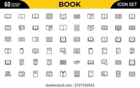 Conjunto de iconos de línea de libro para la escuela y la educación. Diversos libros, literatura, diccionario, aprendizaje y Biblioteca esbozan iconos.