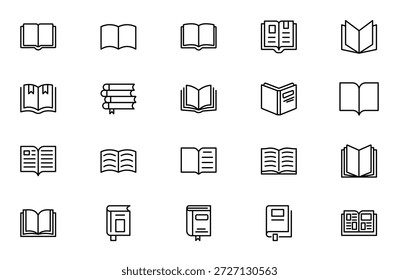 Conjunto de iconos de línea de libro para la escuela y la educación. Diversos libros, literatura, diccionario, aprendizaje y Biblioteca esbozan iconos.