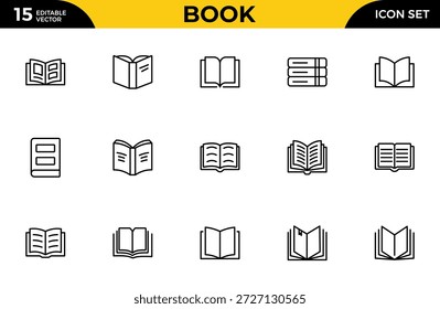 Conjunto de iconos de línea de libro para la escuela y la educación. Diversos libros, literatura, diccionario, aprendizaje y Biblioteca esbozan iconos.