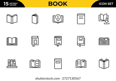 Conjunto de iconos de línea de libro para la escuela y la educación. Diversos libros, literatura, diccionario, aprendizaje y Biblioteca esbozan iconos.