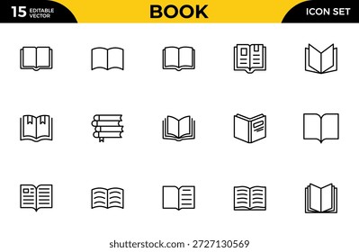 Ícone de linha de livro definido para escola e educação. Vários livros, literatura, dicionário, aprendizagem e ícones de esboço da biblioteca.