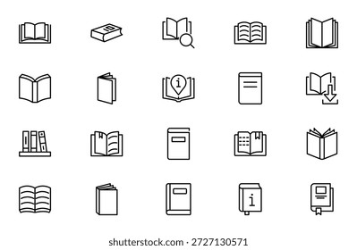 Symbolsatz für die Buchzeile für Schule und Bildung. Verschiedene Symbole für Bücher, Literatur, Wörterbücher, Lern- und Bibliotheksgliederung.