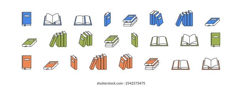 Book line icon set. Stacks and an open book. Library logotype. Isolated textbook sign on white background. Vector illustration