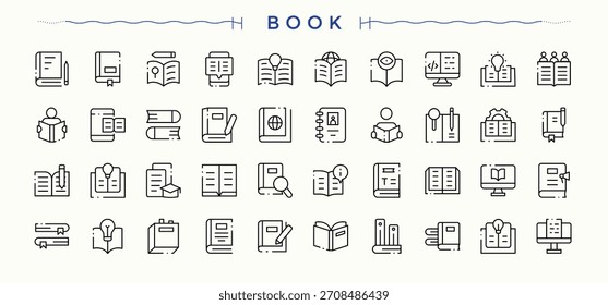 Symbolsatz für Buchzeile. Lernen Sie moderne Ikonen. Minimalistische Vektorsammlungen. Enthält E-Text, Buchhandlung, Wörterbuch, Lehrbuch und mehr verwandt. Bearbeitbare Strichauflistungen.