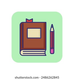 Book line icon. Textbook with bookmark and pencil. Education concept. Can be used for topics like reading, studying, home assignment