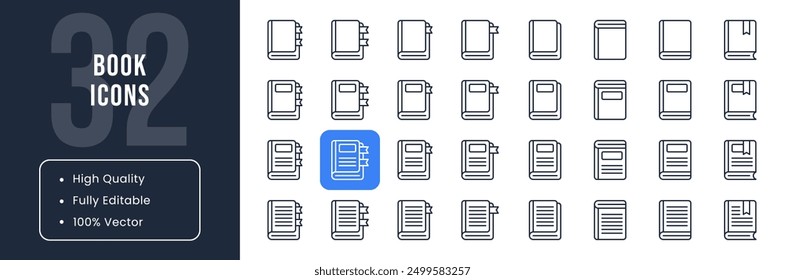 Book Line Icons Set with Different Compositions and Editable Strokes