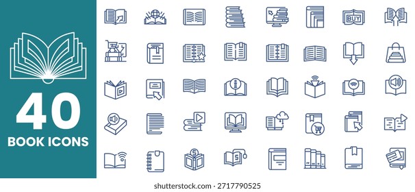 Book Line Icons Set. Library, Diary, Open Book, Pages, Bookmark, Magazine and Ebook Icons. Editable Stroke
