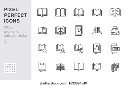 Book line icons set. Open books, dictionary, bible, audio novel, literature education minimal vector illustrations. Simple flat outline sign for web library app. 30x30 Pixel Perfect. Editable Strokes.