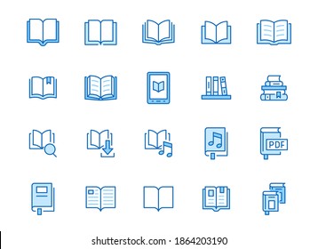 Book line icons set. Open books, dictionary, bible, audio novel, literature education minimal vector illustrations. Simple flat outline sign for web library app. Blue color, Editable Stroke.