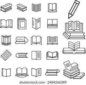 Book line icons set. Open brochure, magazine, literature, dictionary, audiobook, learning, encyclopedia education, information reference vector illustration. Outline sign for library.