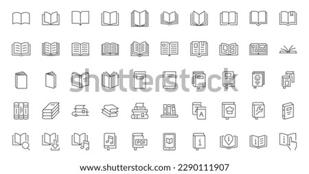 Book line icons set. Open brochure, magazine, literature, dictionary, audiobook, learning, encyclopedia education, information reference vector illustration. Outline sign for library. Editable Stroke