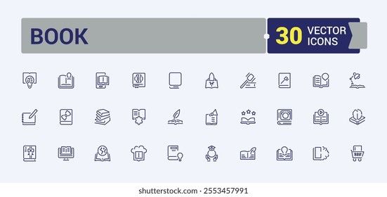 Book line icons set. Related to bible, dictionary, document, literature, symbol, library, school, smart. Collection for mobile and web apps. Editable stroke. Vector illustration.