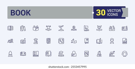 Book line icons set. Related to bible, dictionary, document, literature, symbol, library, school, smart. Collection for mobile and web apps. Editable stroke. Vector illustration.