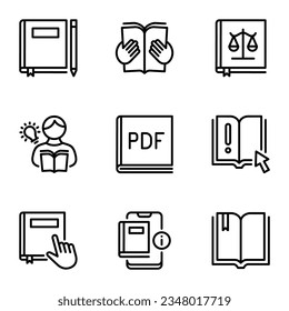 book line icons set. textbook, journal, lesson, literature, read, learn, library, publication, studying, dictionary, guide, knowledge, university, examining