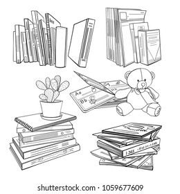 Book line set: books on a shelf, books stacked and a pot of cactus, magazines, albums, teddy bear. Sketch vector objects.