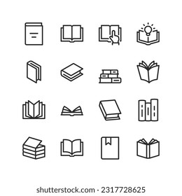 Book, linear style icons set. Literature. A book from different angles. A stack of books to read. Editable stroke width