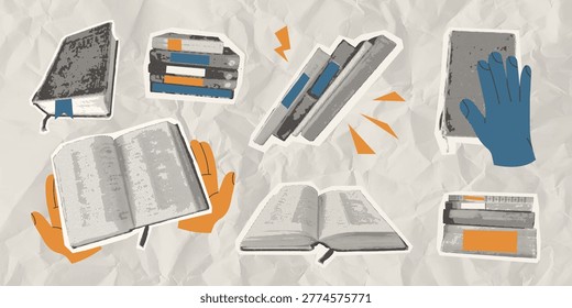 Book and literacy halftone collage set with reading hands,open books,stacks,study elements. Education concept for learning,storytelling,knowledge in library,literature theme. Vector illustration