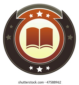 Book, literacy, or literary icon on round red and brown imperial vector button with star accents suitable for use on website, in print and promotional materials, and for advertising.