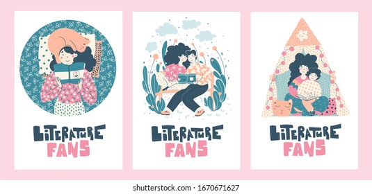 Book literature friends, book day cards, flat cartoon vector illustration.