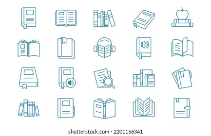 Icono de libro y literatura establecido en el estilo delineado. Adecuado para el diseño de elementos de ebook de educación y ciencia, símbolo de literatura y libro de texto, y colección de iconos de aplicación de programa de aprendizaje.