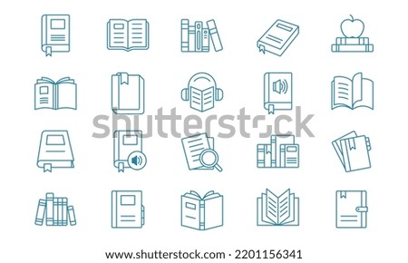 Book and literature icon set in outlined style. Suitable for design element of education and science ebook, literature and textbook symbol, and learning program app icon collection.