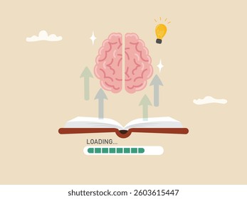Book loading data to brain with creative idea light bulb. Education concept improve or learning skill, researching, finding answers, study textbook and e-learning technology flat vector illustration.