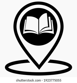 Book location icon. Geotag bookstore, school, university. Library location. Vector graphics.