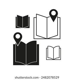 Book location icons. Black and white. Open book with map pin. Simple vector symbols.