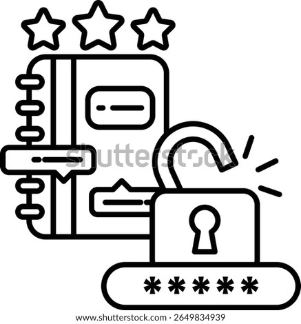A book with a lock on it and stars above it. The book is a journal or diary with a lock on it to keep it secure
