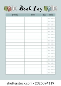 Book log printable page. Template for listing and reviewing books.