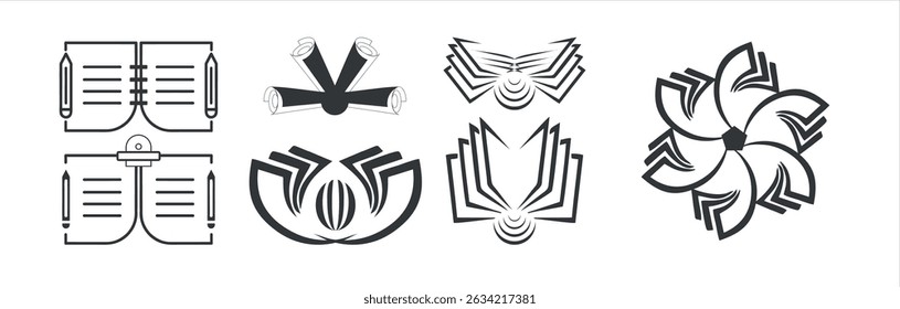 book logo black and white, Opened book logo set. Monochrome books with fluttering pages isolated vector illustration, INITIAL BOOK LOGO ICON ILLUSTRATION