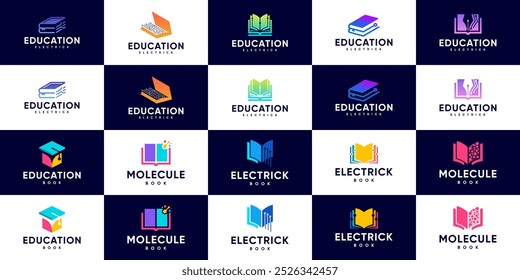 book logo collection with electric circuit, digital education, modern technology, graphic design illustration.