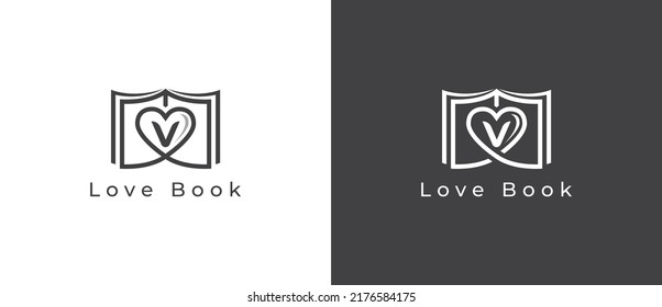 Book Logo Concept sign icon symbol Design with Letter V. Book Heart Logo Design. Vector illustration logo template