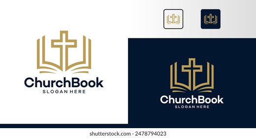 Book logo design with church cross graphic symbol icon vector