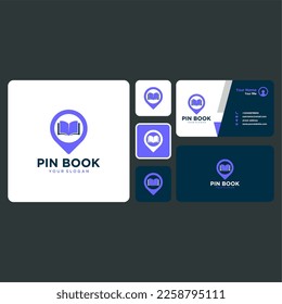 diseño del logotipo del libro con pin o ubicación y tarjeta de visita