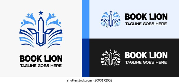 plantilla de diseño del logotipo del libro, lápiz estrella y icono de cabeza de león dentro de la persona. logotipos para la educación. ilustración vectorial