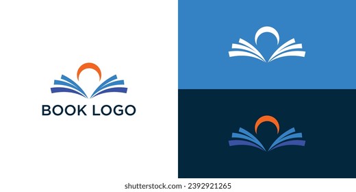 Plantilla de diseño del logotipo del libro. La gente circula en el libro medio. Ilustración vectorial del icono de símbolo del libro de Sun.