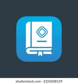 Book logo, icon. Online education or study design concept. E learning, m learning, ebook app logo. White book, blue background, isolated. Vector illustration