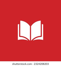 Book logo, icon. Online education or study design concept. E learning, m learning, ebook app logo. White book, isolated on red background. Vector illustration
