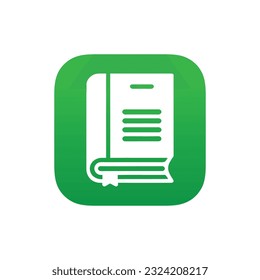 Book logo, icon. Online education or study design concept. E learning, m learning, ebook app logo. White book, green background, isolated. Vector illustration