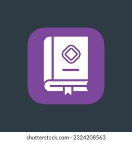 Book logo, icon. Online education or study design concept. E learning, m learning, ebook app logo. White book, purple background, isolated. Vector illustration