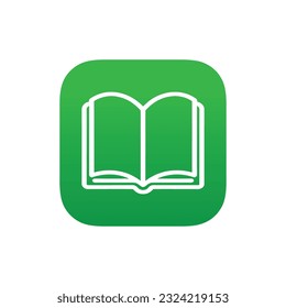 Book logo, icon. Online education or study design concept. E learning, m learning, ebook app logo. White book, green background, isolated. Vector illustration