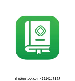 Book logo, icon. Online education or study design concept. E learning, m learning, ebook app logo. White book, green background, isolated. Vector illustration