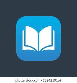 Book logo, icon. Online education or study design concept. E learning, m learning, ebook app logo. White book, blue background, isolated. Vector illustration