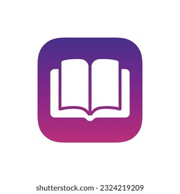 Book logo, icon. Online education or study design concept. E learning, m learning, ebook app logo. White book, gradient background. Vector illustration